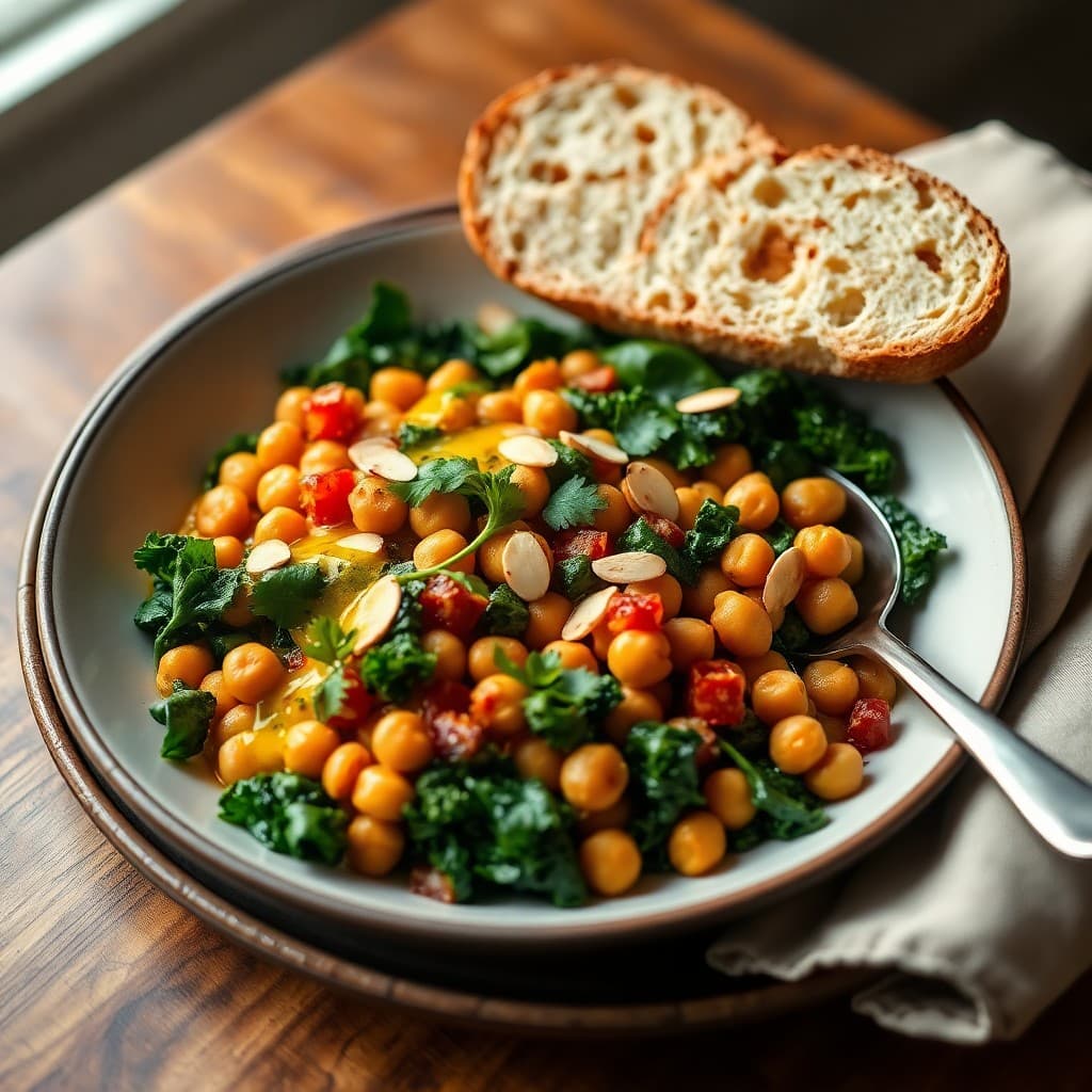 Portuguese Chickpea & Kale Breakfast Skillet with Crispy Tempeh & Cilantro-Lime Drizzle