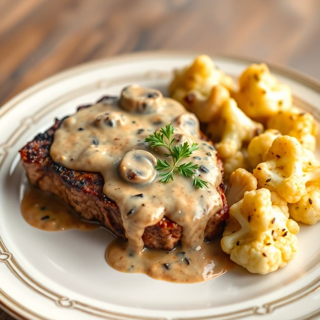 Seared Ribeye Steak with Creamy Mushroom Sauce and Roasted Garlic Cauliflower