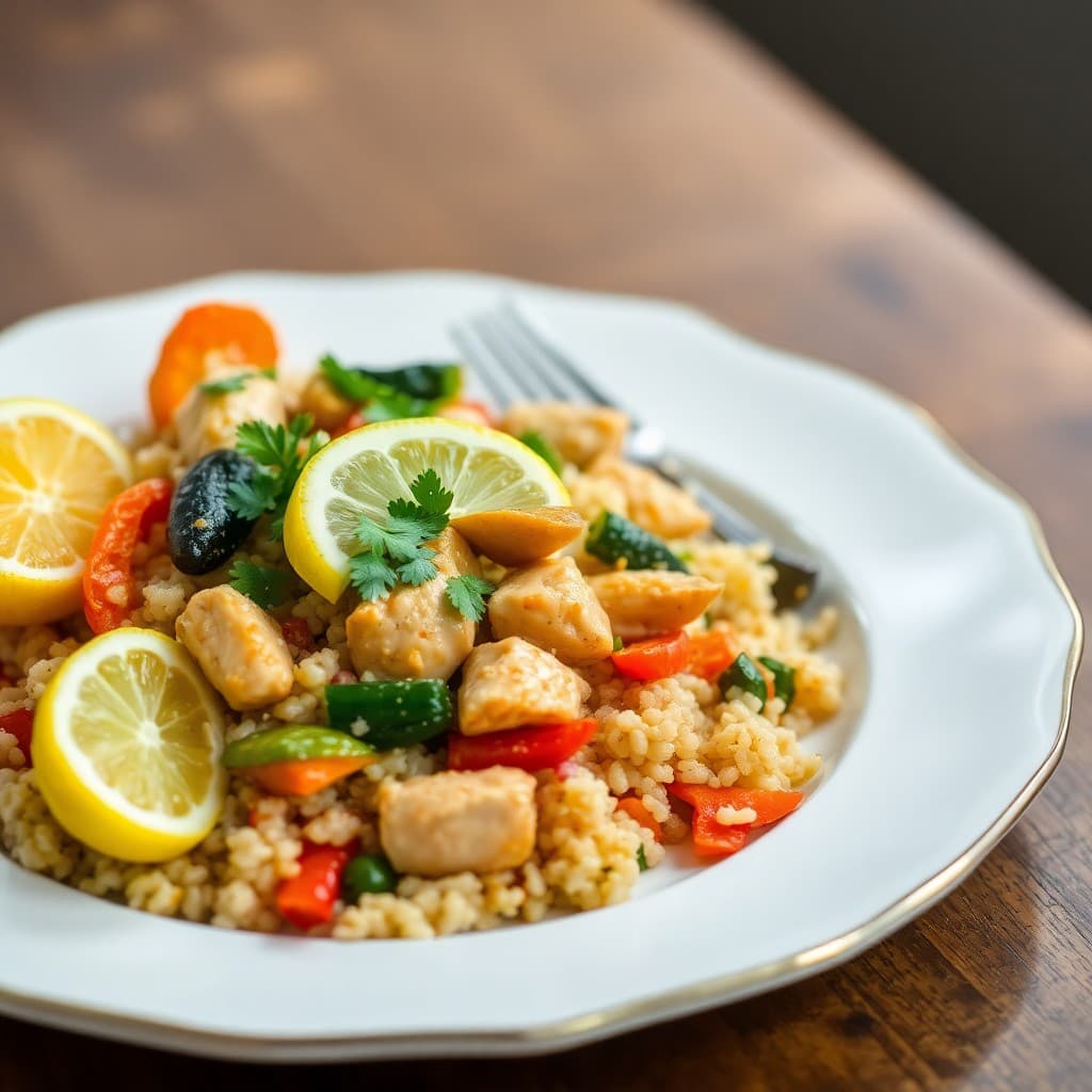 Zesty Lemon Chicken Stir-Fry with Quinoa and Roasted Vegetables