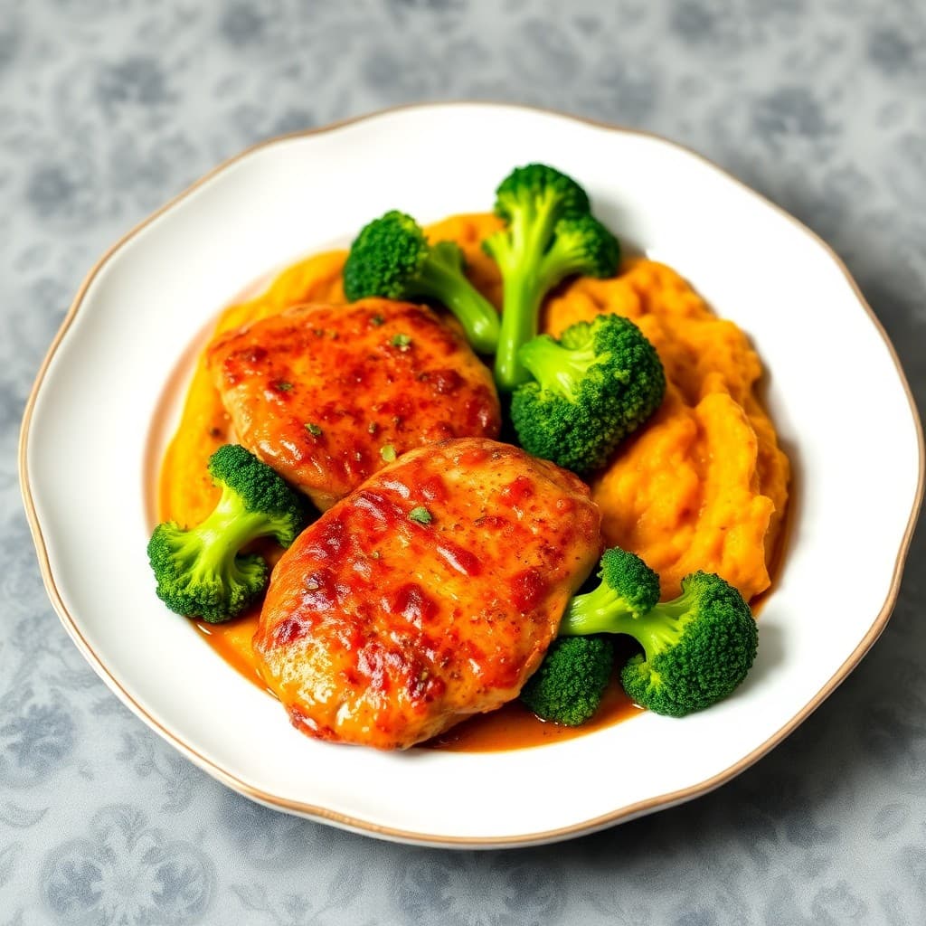 Seared Chili-Lime Chicken with Roasted Broccoli and Sweet Potato Mash