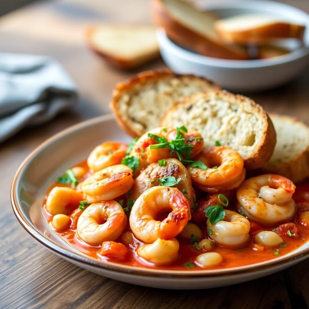 Portuguese Garlic Shrimp & White Bean Skillet with Crusty Bread