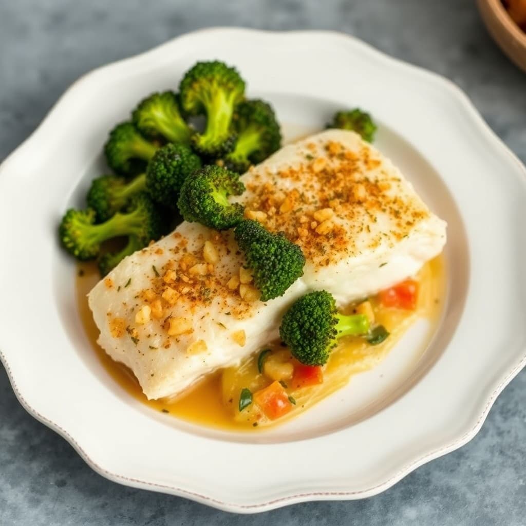 Zesty Lemon-Garlic Baked Cod with Roasted Broccoli Florets