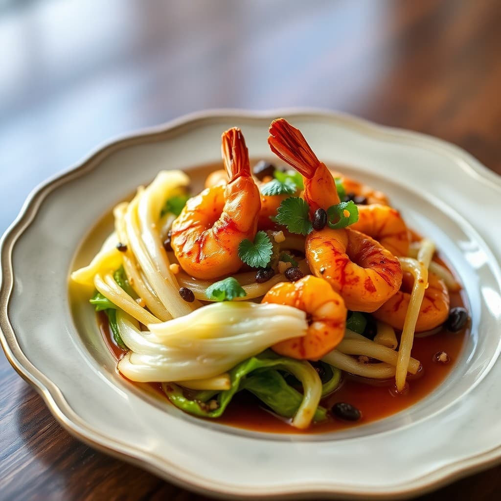 Sichuan Chili Oil Shrimp with Charred Cabbage & Crispy Garlic