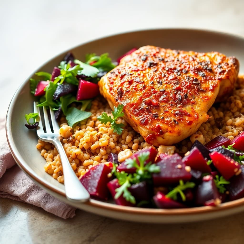 Harissa-Roasted Chicken with Freekeh & Charred Beet Salad