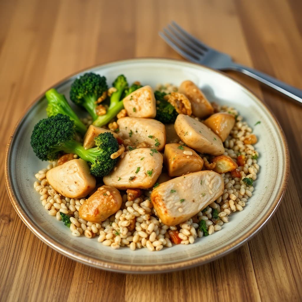 Sizzling Garlic-Herb Chicken Stir-Fry with Roasted Broccoli and Farro