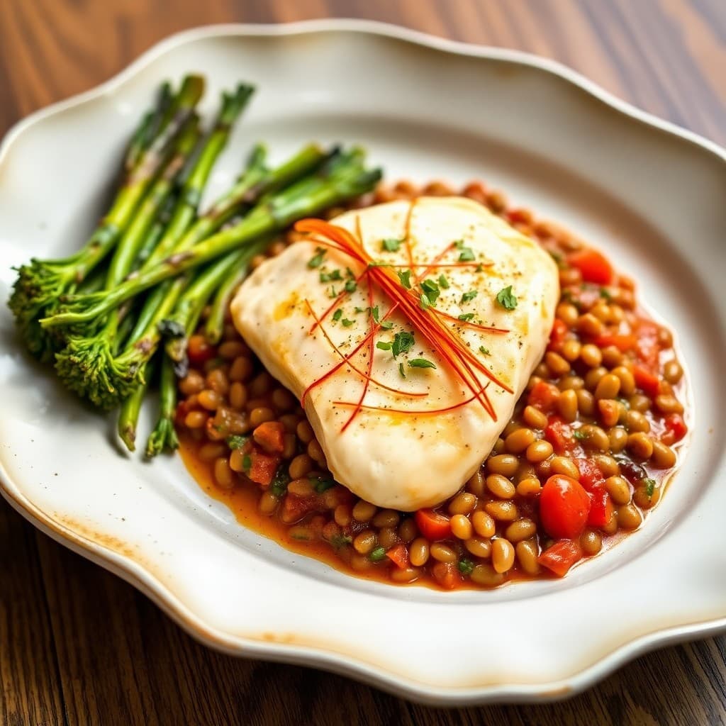 Saffron-Poached Chicken with Herbed Lentil Ragù & Charred Broccolini