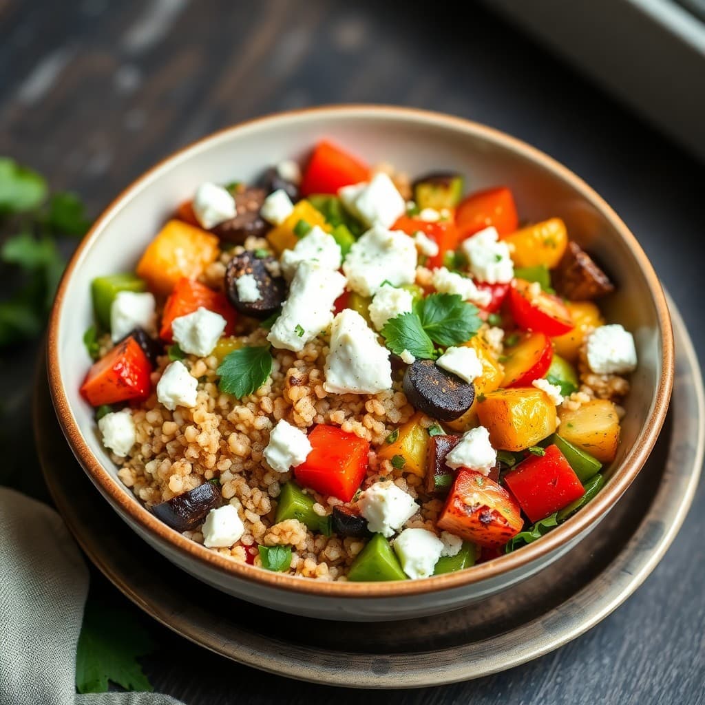 Mediterranean Roasted Veggie and Feta Quinoa Bowl