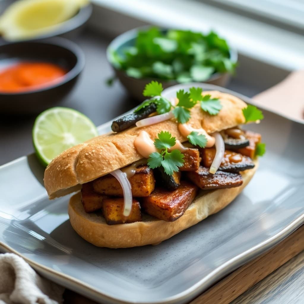 Vietnamese Caramelized Tempeh & Eggplant Banh Mi-Inspired Sandwich