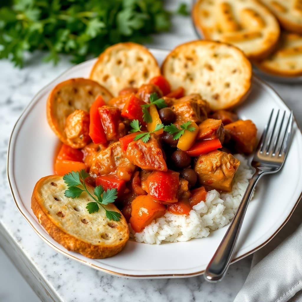Zesty Spanish Chicken Stew with Garlic Toasts