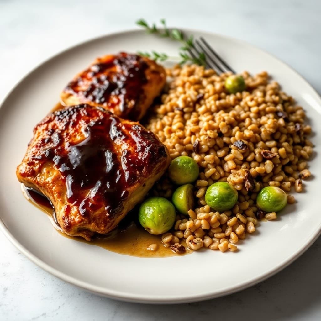 Balsamic Glazed Chicken Thighs with Roasted Brussels Sprouts and Farro