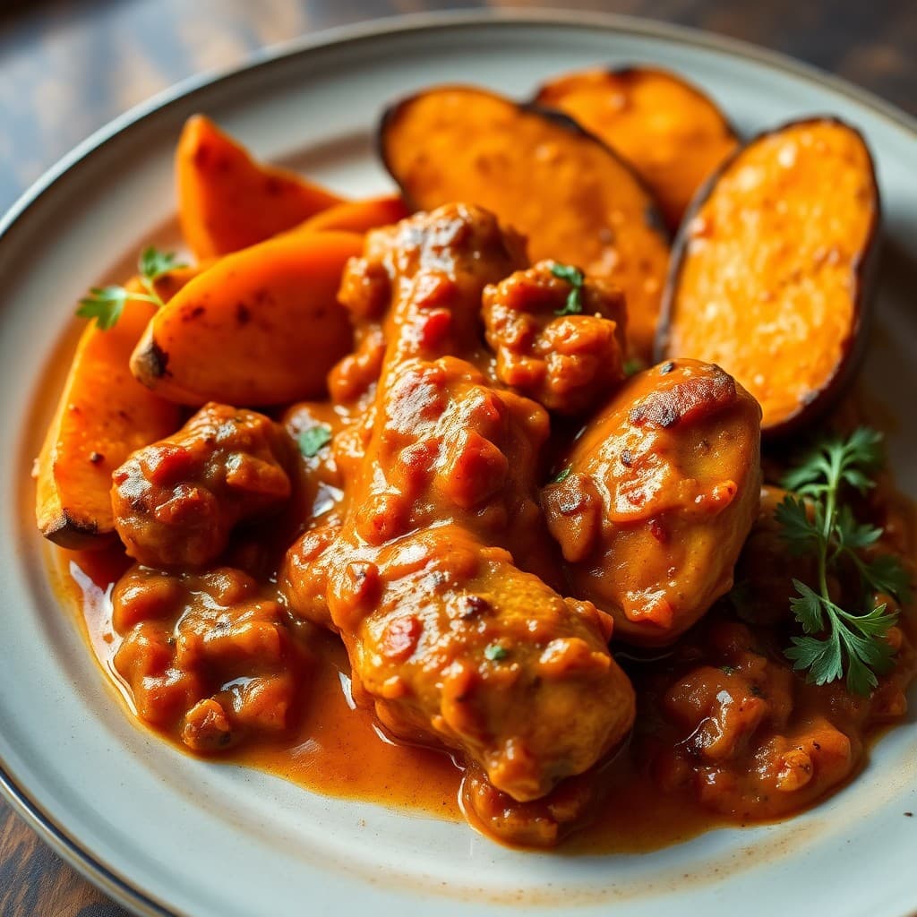 Moroccan-Spiced Chicken Tagine with Roasted Sweet Potato Wedges