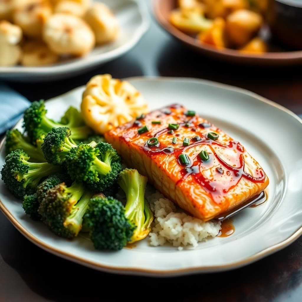 Sizzling Miso Ginger Salmon with Roasted Broccoli and Cauliflower