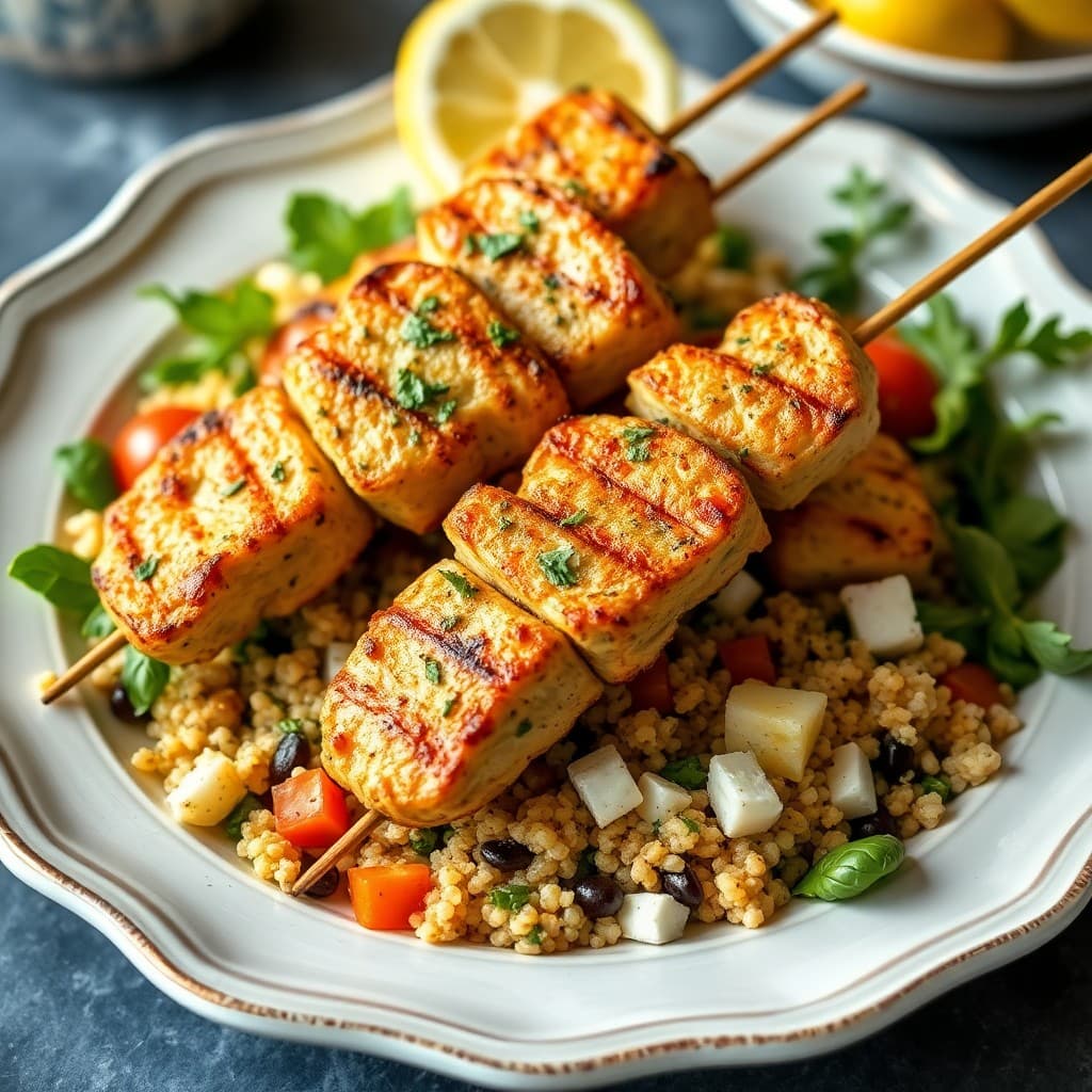 Lemon Herb Chicken Skewers with Greek Quinoa Salad