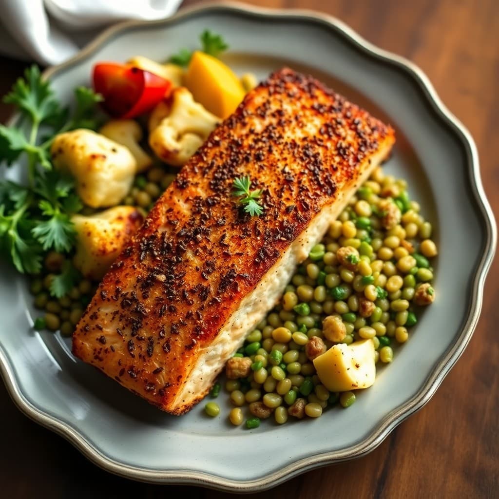 Turkish Pan-Seared Salmon with Sumac-Crusted Cauliflower & Herbed Lentil Pilaf