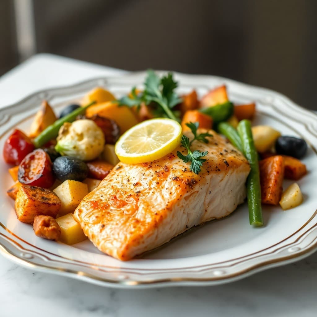 Roasted Winter Vegetable Medley with Baked Lemon Garlic Salmon