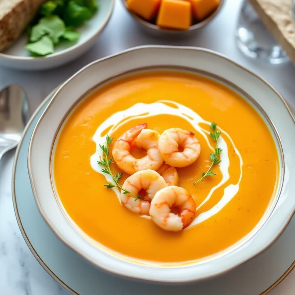 Roasted Butternut Squash Soup with Sautéed Shrimp