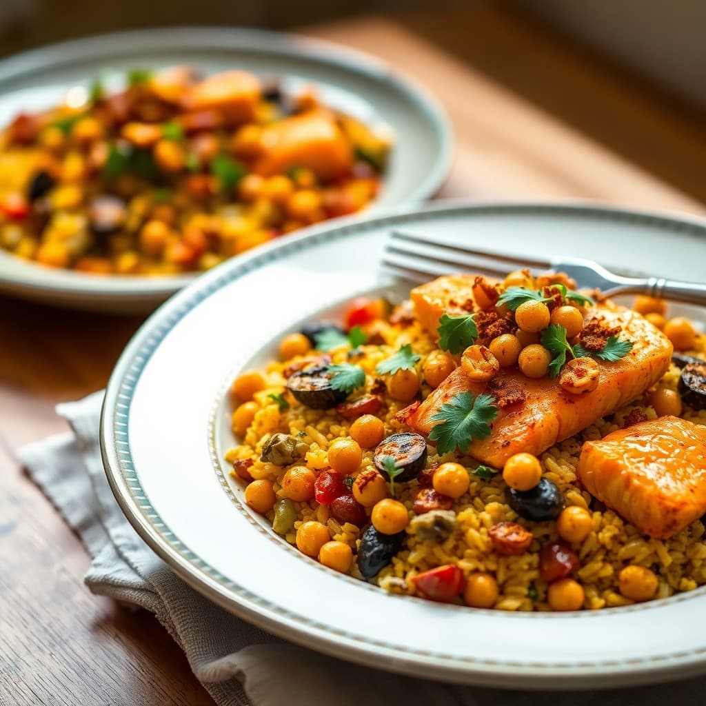 Spanish Saffron Seafood Paella with Charred Artichokes & Crispy Chickpeas
