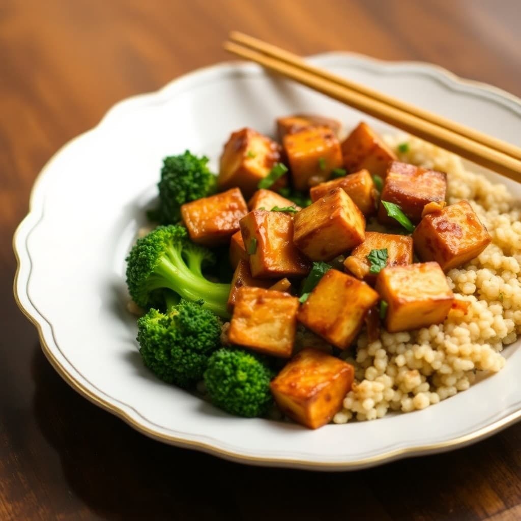 Teriyaki-Glazed Tofu Stir-Fry with Roasted Broccoli and Quinoa