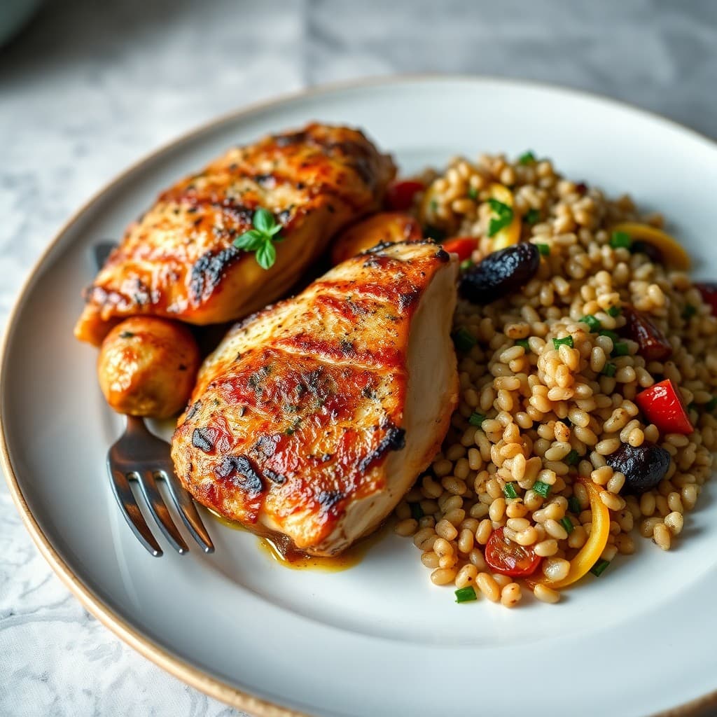 Seared Chicken Thighs with Roasted Vegetables and Farro