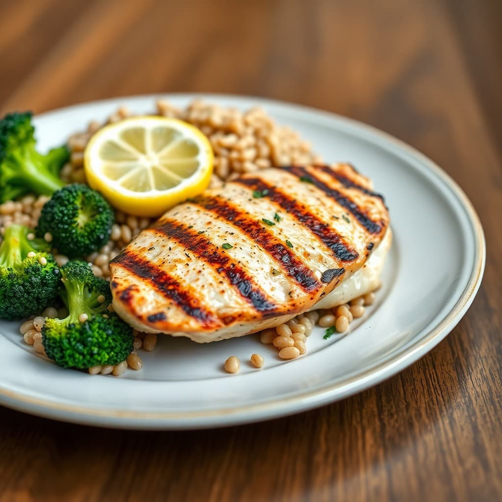 Grilled Lemon-Garlic Chicken with Roasted Broccoli and Farro