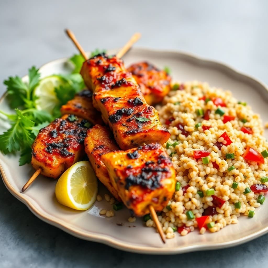 Spicy Lemon Pepper Chicken Skewers with Quinoa Salad