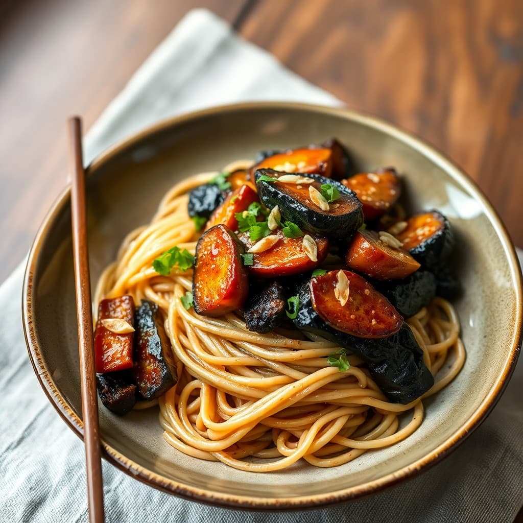 Japanese Miso-Glazed Eggplant & Seitan with Crispy Shallot Soba Noodles