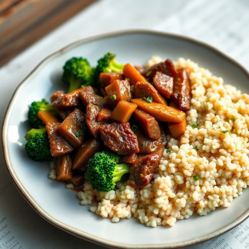 Sizzling Ginger Beef Stir-Fry with Quinoa and Steamed Broccoli