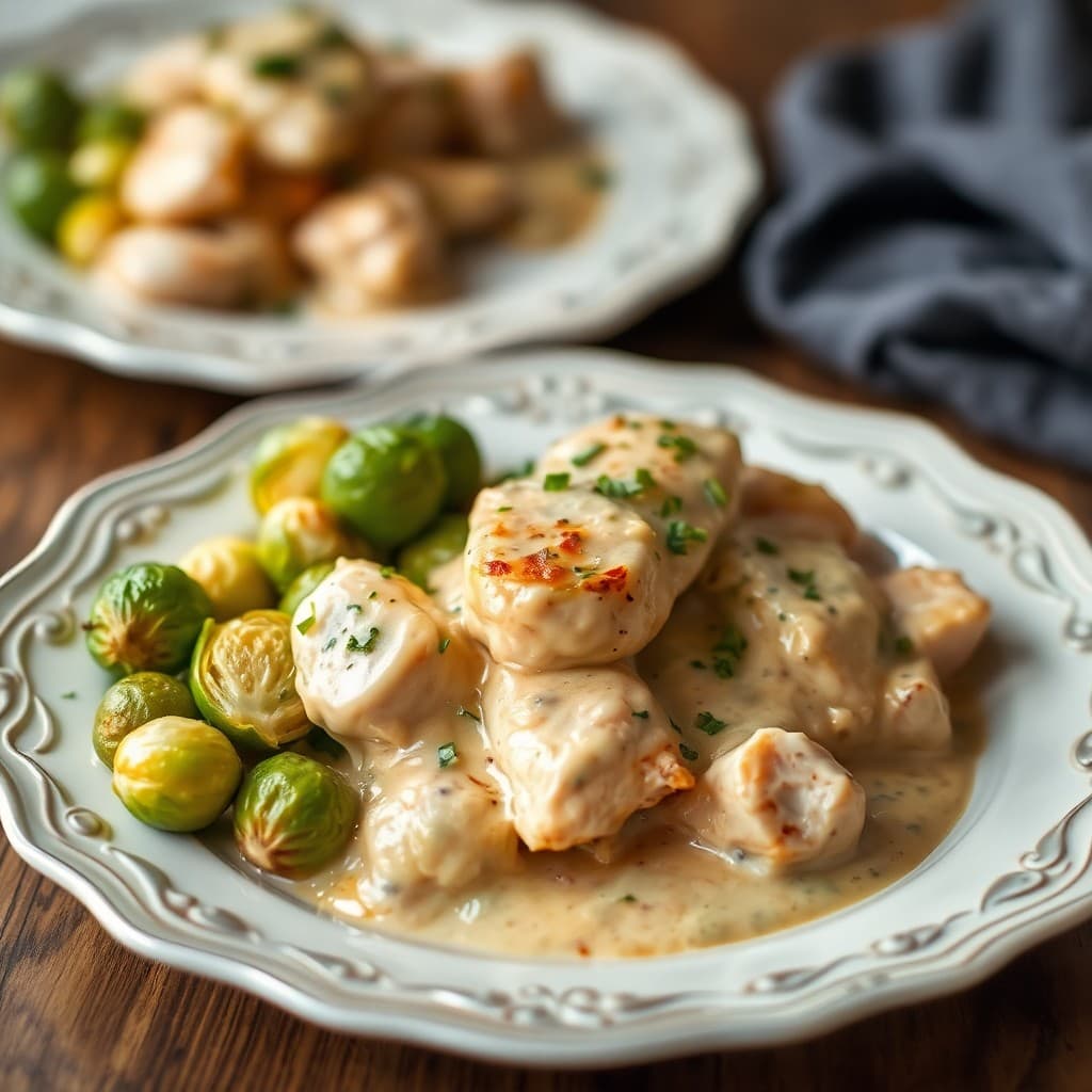 Creamy Garlic Chicken with Roasted Brussels Sprouts