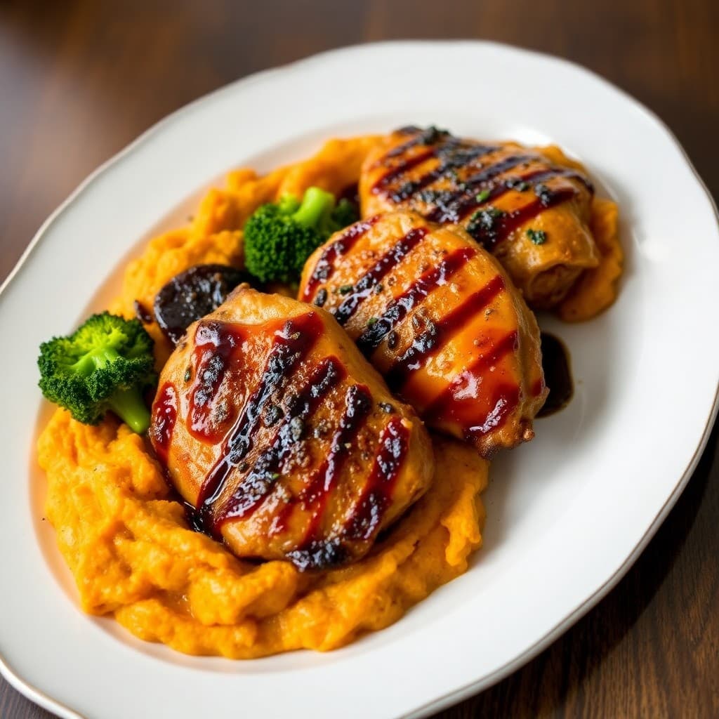 Grilled Teriyaki Chicken Thighs with Roasted Broccoli and Sweet Potato Mash