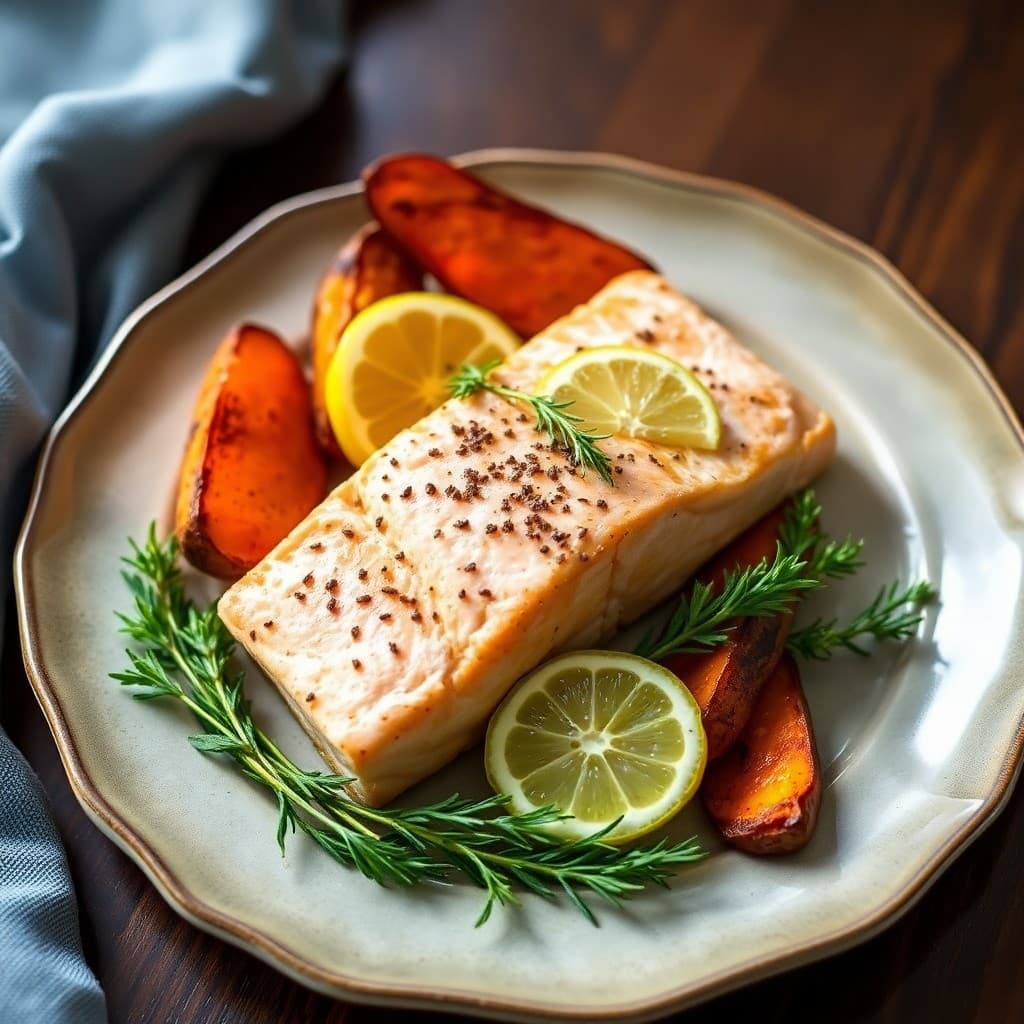 Lemon Thyme Salmon with Roasted Sweet Potato Wedges