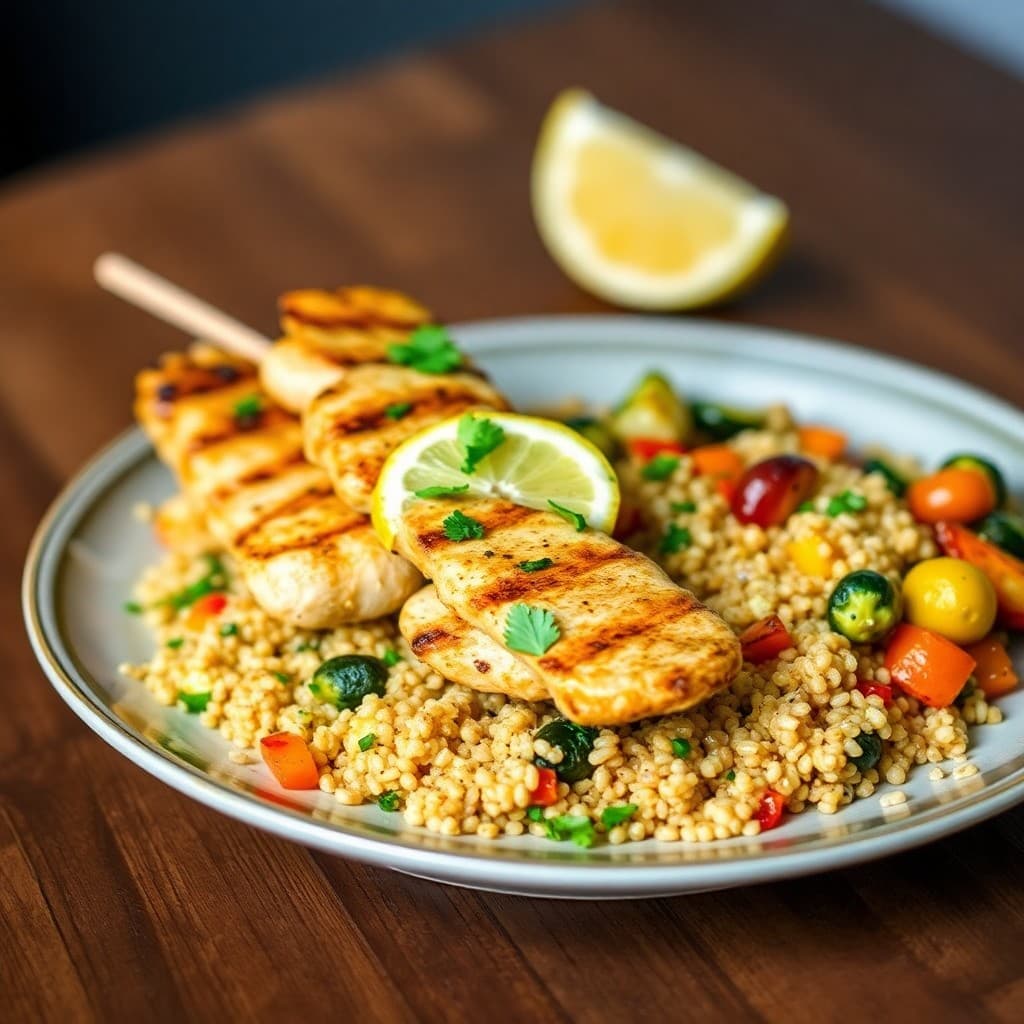 Grilled Lemon-Garlic Chicken Skewers with Roasted Vegetable Quinoa