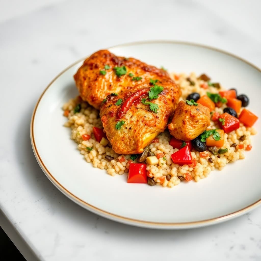 Moroccan Spiced Chicken Tagine with Roasted Vegetable Couscous