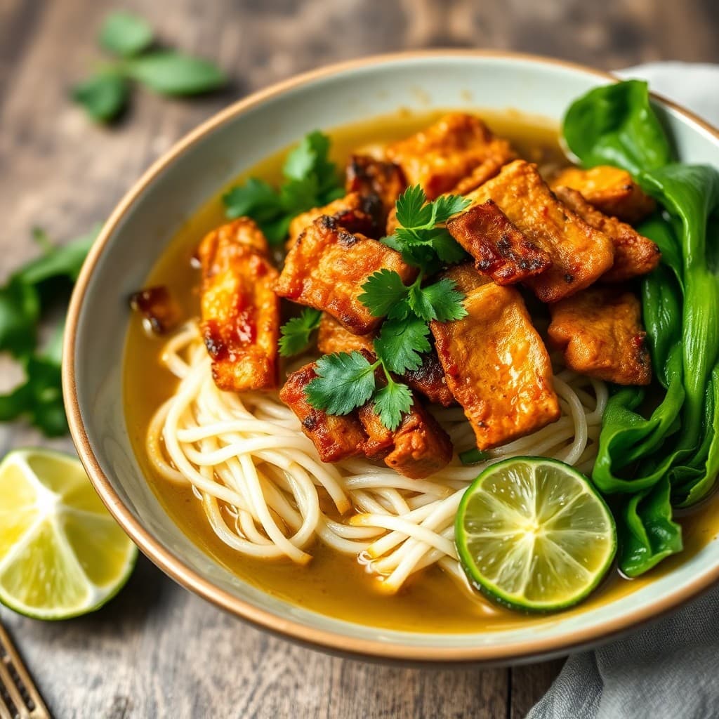 Vietnamese Crispy Seitan & Lemongrass Noodle Soup with Charred Bok Choy