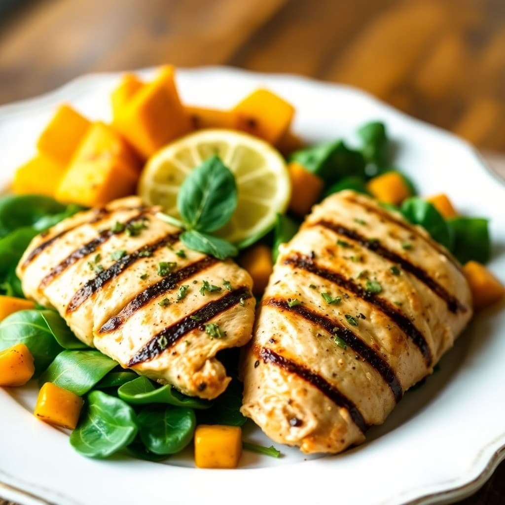 Grilled Lemon Herb Chicken with Roasted Butternut Squash and Spinach Salad