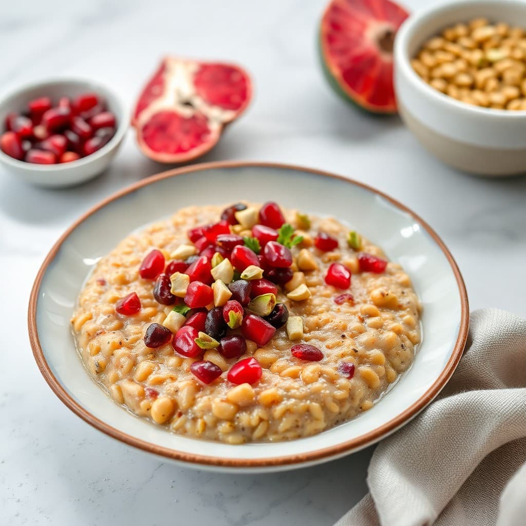 Turkish Spiced Chickpea & Farro Breakfast Porridge with Pomegranate & Pistachio Crunch