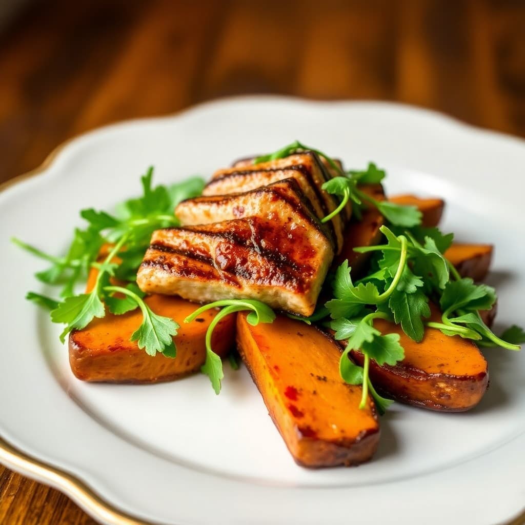 Seared Ahi Tuna with Roasted Sweet Potato Wedges and Zesty Arugula Salad