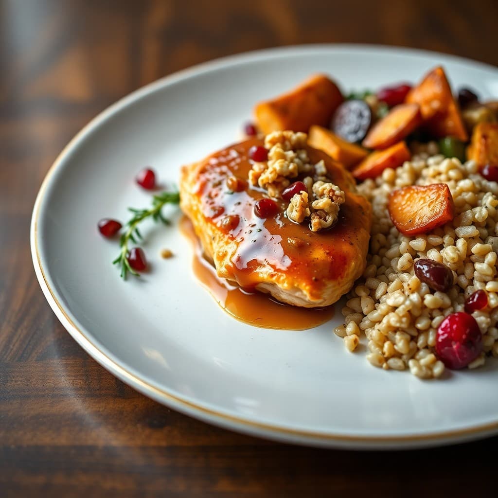 Turkish Pan-Seared Chicken with Walnut-Pomegranate Sauce & Roasted Root Vegetable Medley