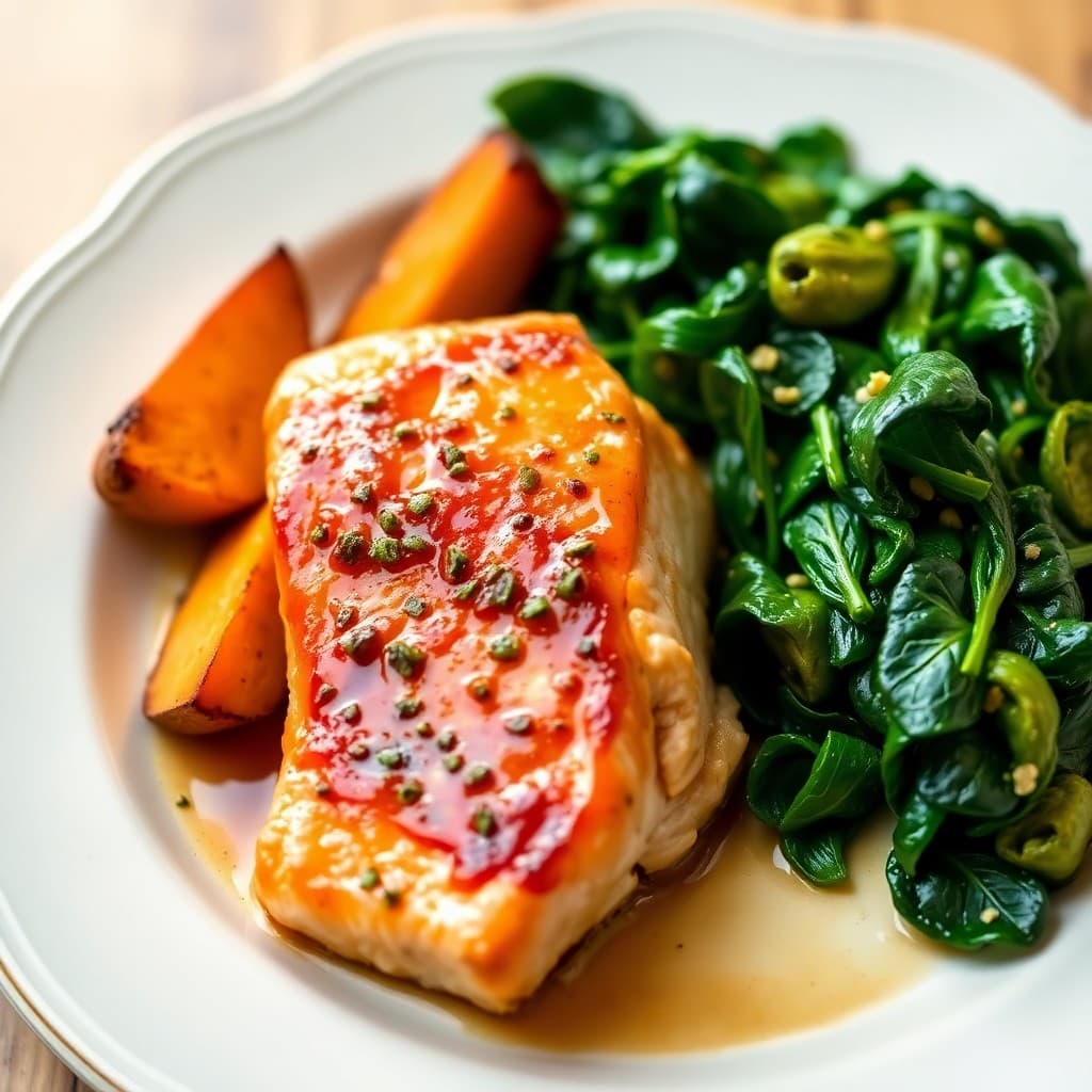 Honey-Garlic Glazed Salmon with Roasted Sweet Potato Wedges and Sautéed Spinach
