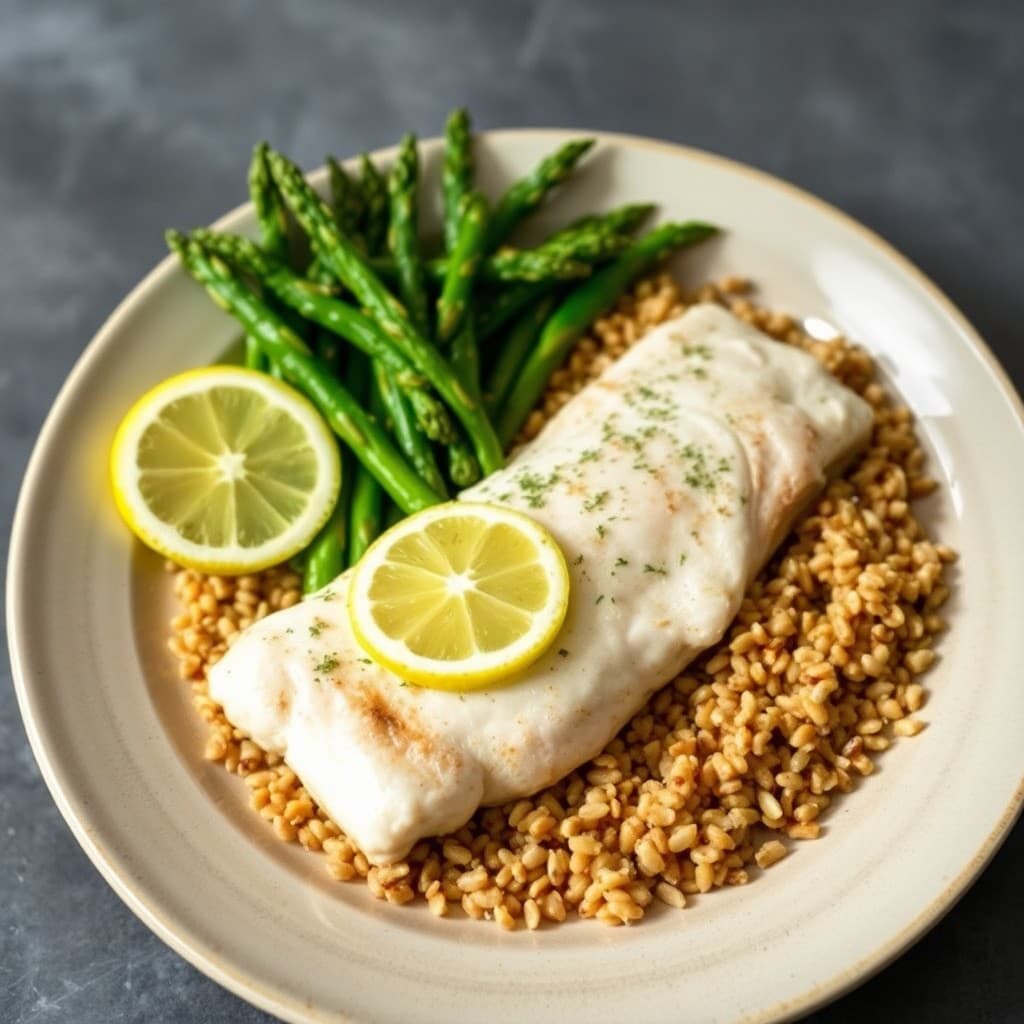 Lemon-Garlic Baked Tilapia with Roasted Asparagus and Farro