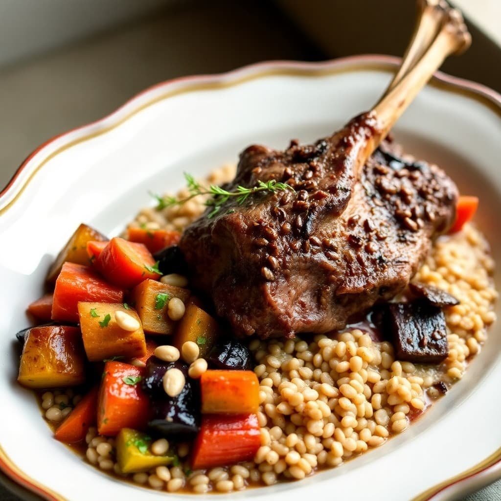 Braised Lamb Shoulder with Roasted Root Vegetable Caponata & Creamy Farro