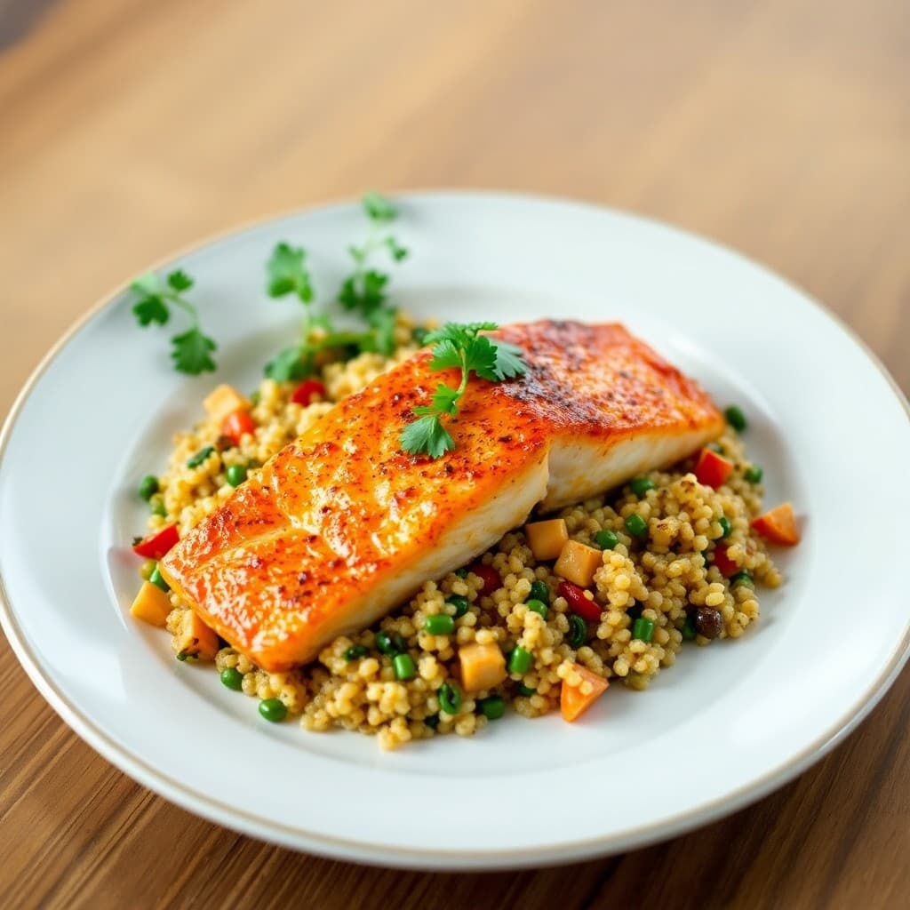 Seared Chili-Lime Salmon with Roasted Veggie Quinoa