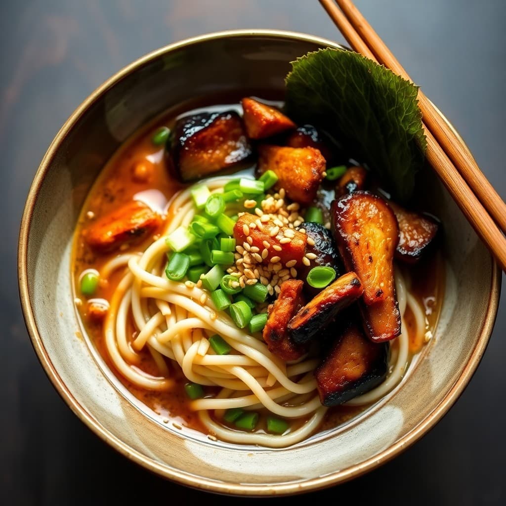 Japanese Miso-Glazed Eggplant & Edamame Ramen with Crispy Seitan