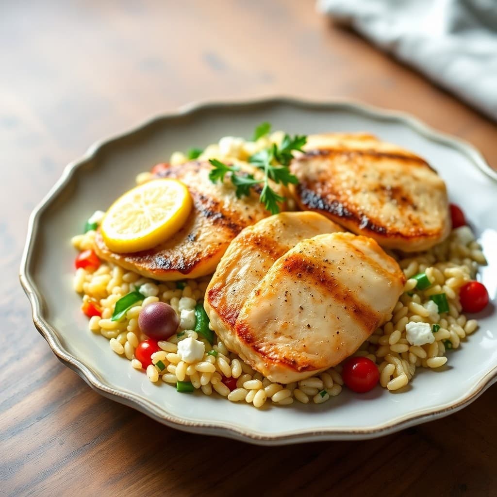 Zesty Lemon Chicken Paillards with Feta Orzo Salad