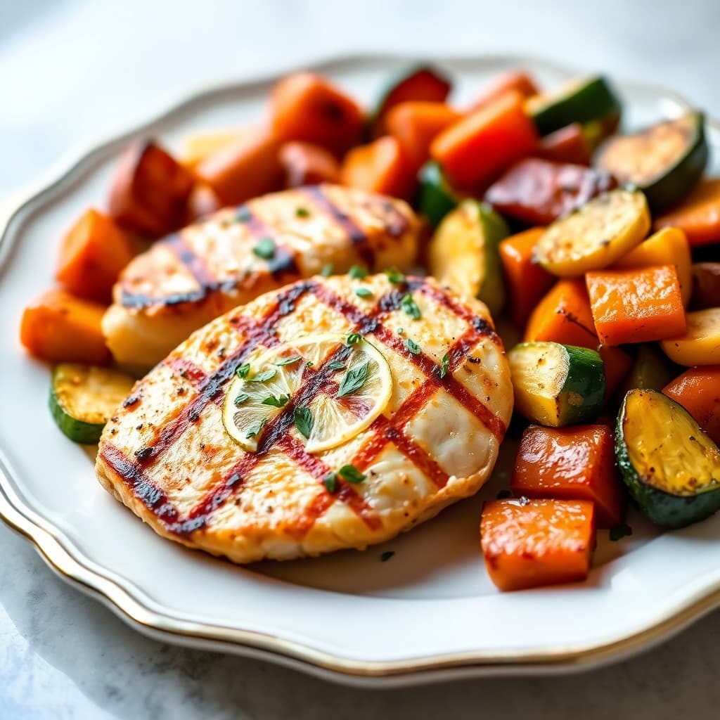 Grilled Lemon-Garlic Chicken with Roasted Sweet Potato Medley
