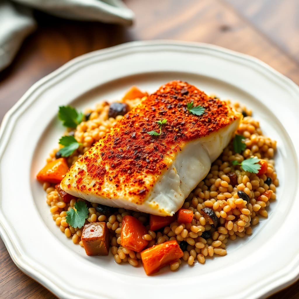 Tunisian Pan-Seared Halibut with Harissa-Roasted Root Vegetables & Farro