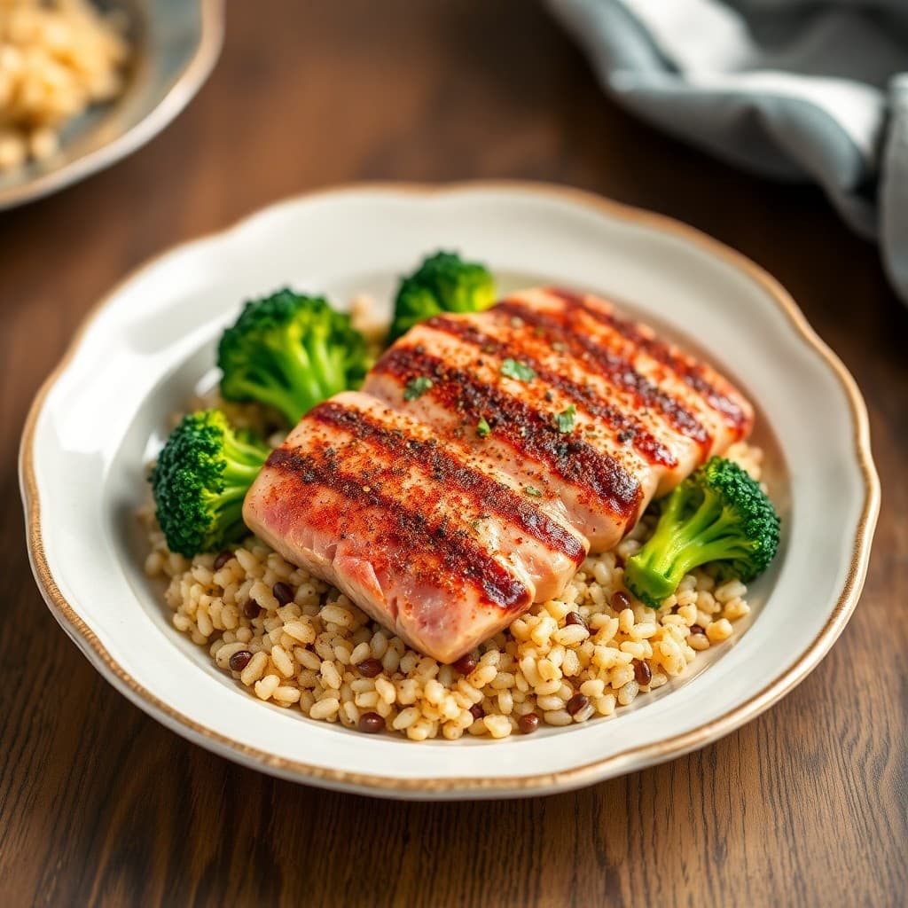 Spicy Seared Tuna with Roasted Broccoli and Quinoa
