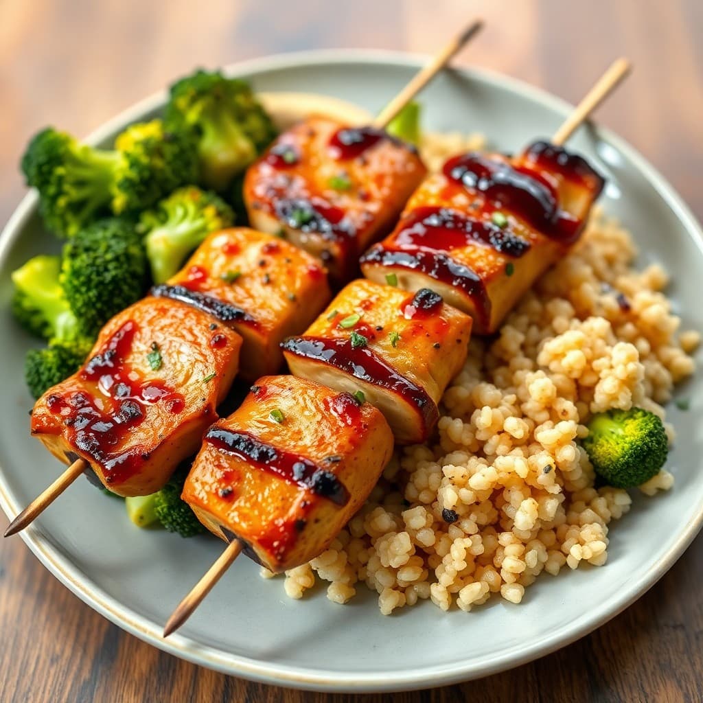 Grilled Teriyaki Chicken Skewers with Roasted Broccoli and Quinoa