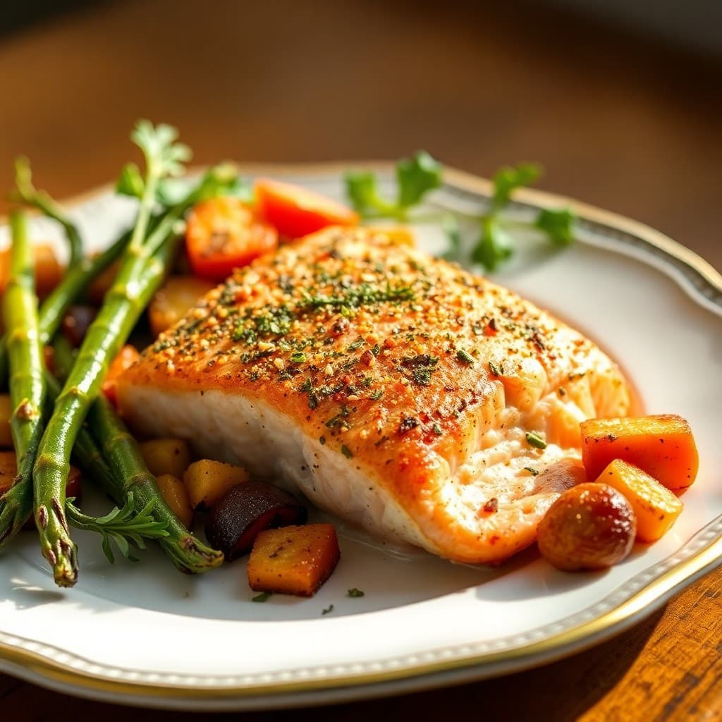 Herb-Crusted Salmon with Roasted Veggie Medley