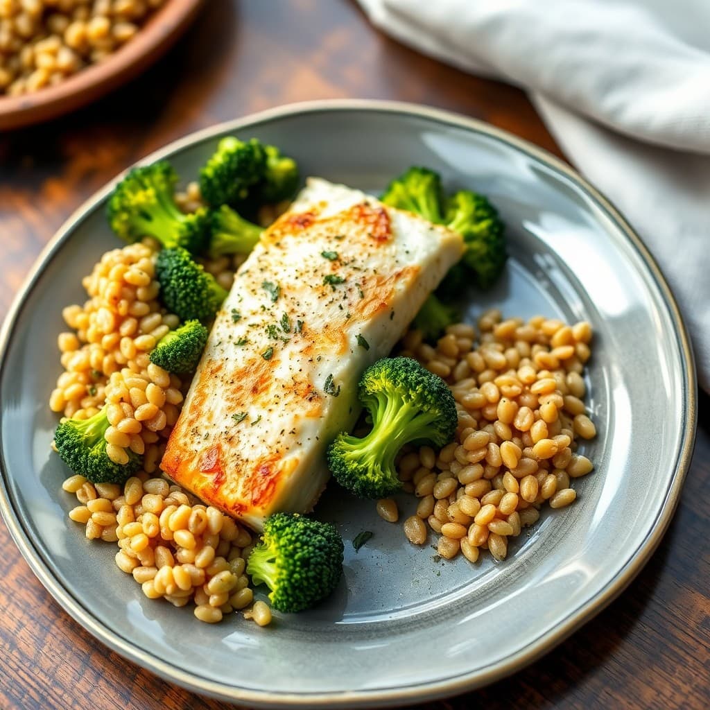 Seared Garlic-Herb Tilapia with Roasted Broccoli and Farro