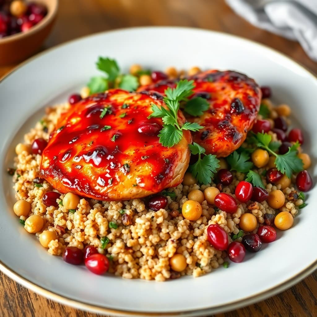 Turkish Pomegranate-Glazed Chicken with Roasted Chickpea & Herb Bulgur